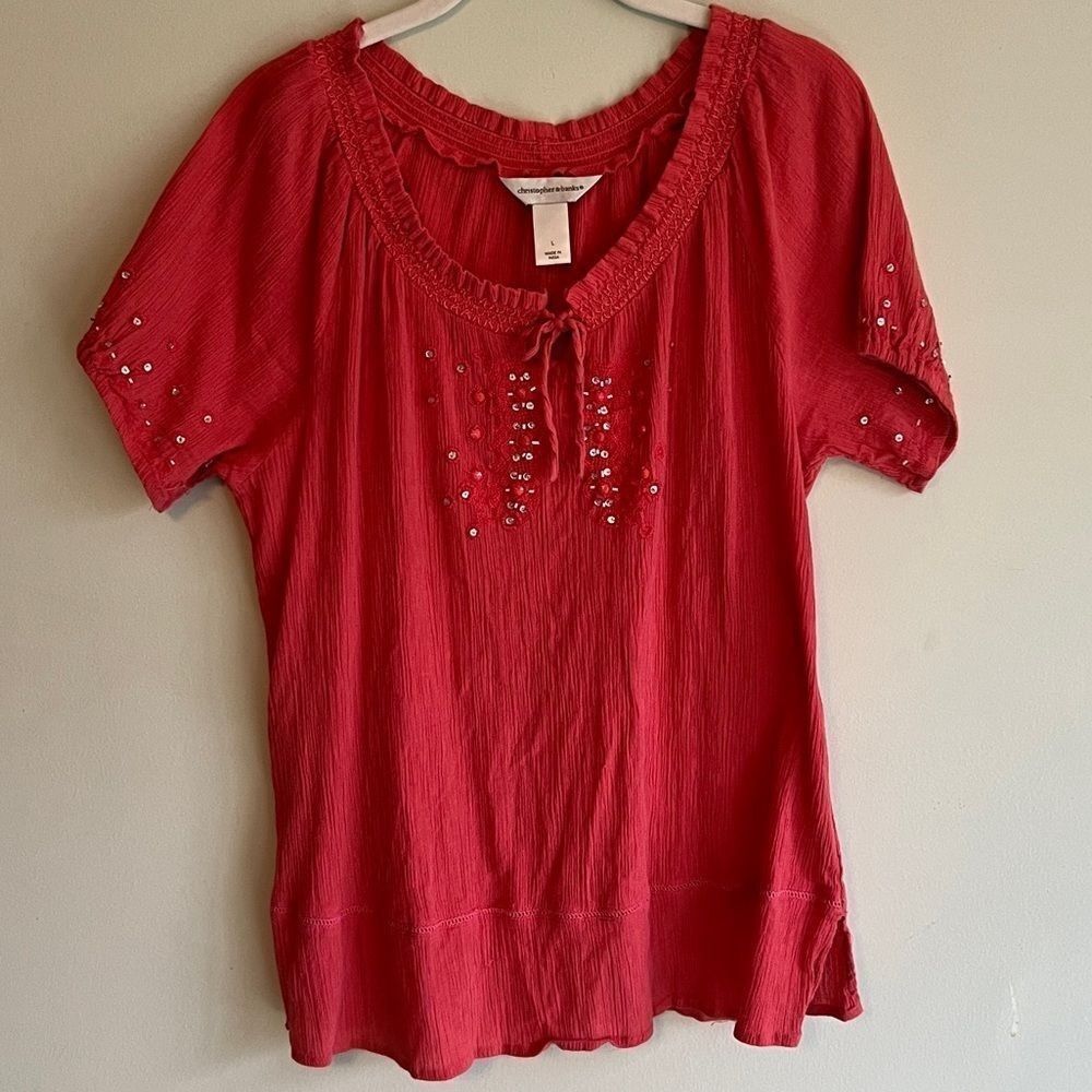 Christopher & Banks 100% Cotton Coral Embellished Peasant Blouse Size L